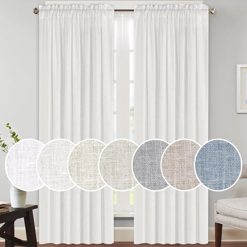 PrinceDeco Linen Curtains 84 Inch Long Rod Pocket Window Drapes for Bedroom Energy Saving Light Reducing Vertical Drapes Country Rustic Linen Blended Curtains,2 Panels (White, 52" W x 84" L) - Image 1